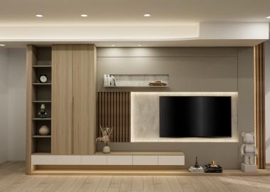 運用燈光及櫃體造型，設計兼具收納功能及空間主題的電視牆。