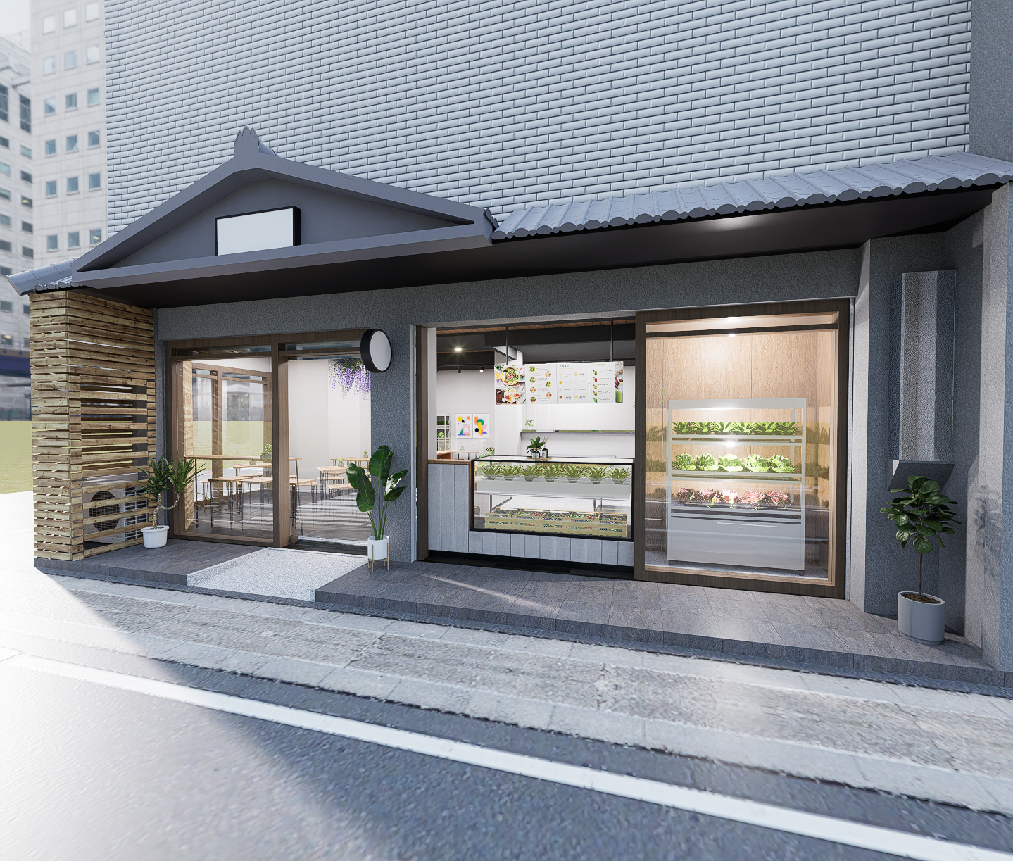 外觀融合日式瓦屋簷與自然亮點櫥窗，將外帶點餐與內用座位流暢分流。